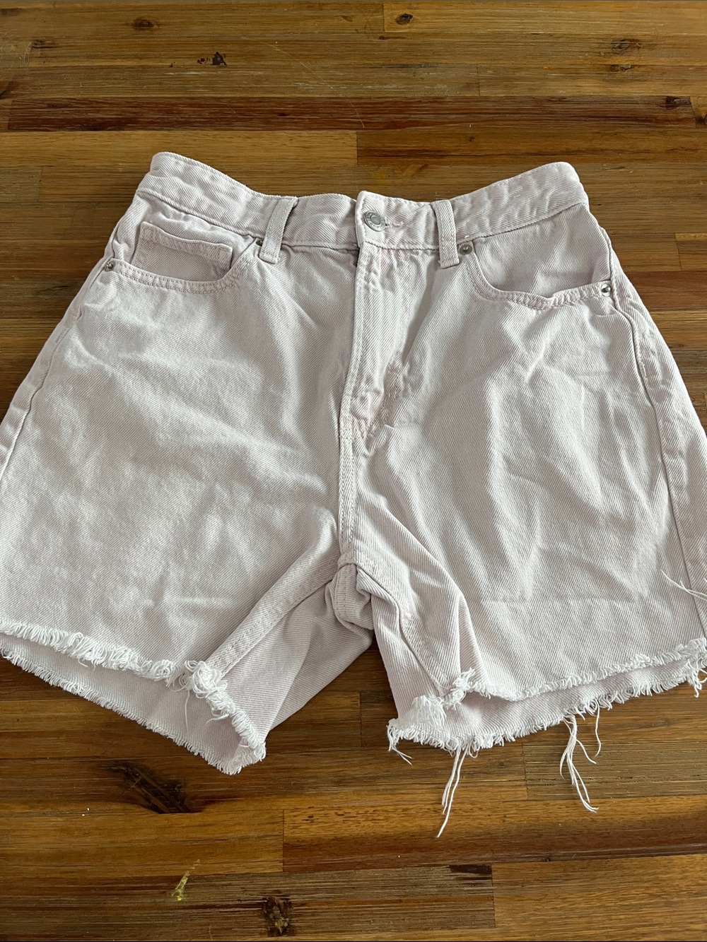 High-Rise Light Lavender Frayed Hem Denim Shorts